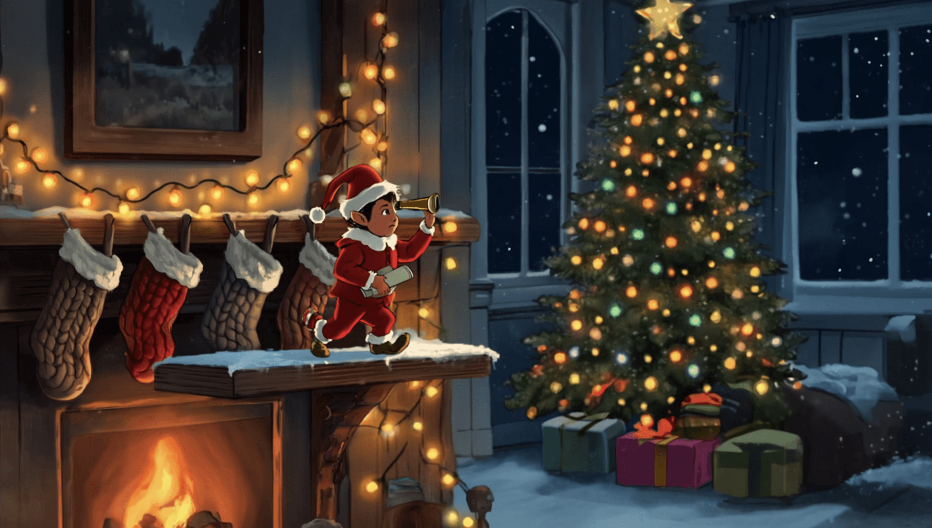 An elf in a red suit standing on a mantel above stockings, scouting a lit Christmas tree through a spyglass while carrying a scroll