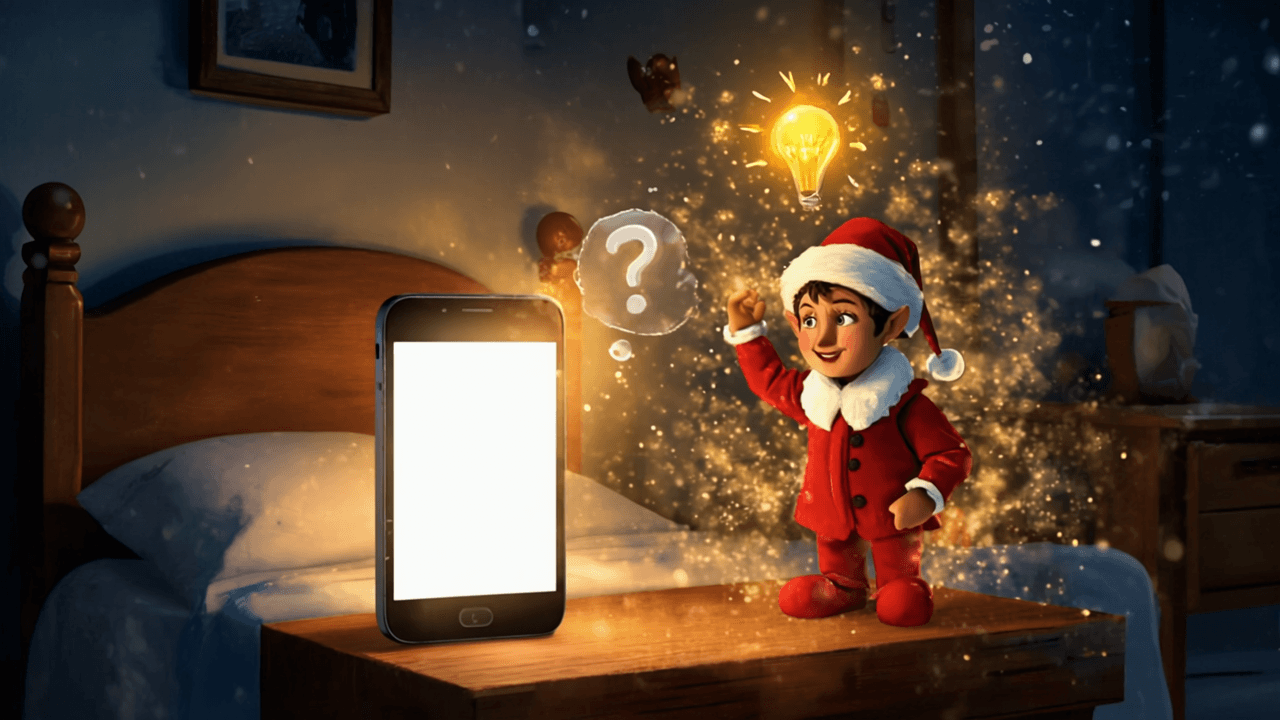 An elf appears beside a phone on a nightstand with a burst of sparkling light and a glowing idea