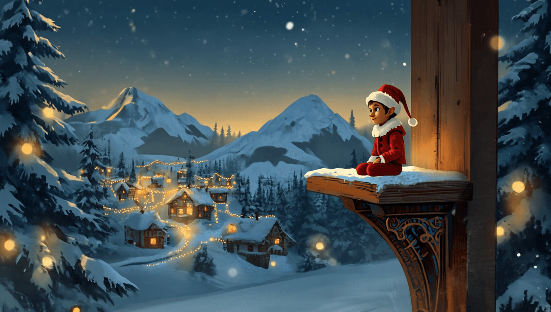An elf in a red suit sitting on an ornate wooden corbel shelf, looking out over a snowy mountain summit at a lit-up Christmas village below